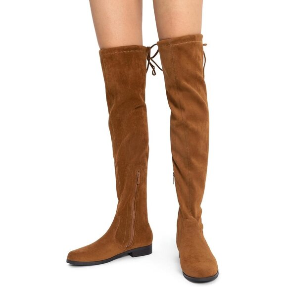 🆕Women's Tan-suede Thigh High Low Block Heel Casual Fashion Over the Knee Boots - Picture 10 of 10